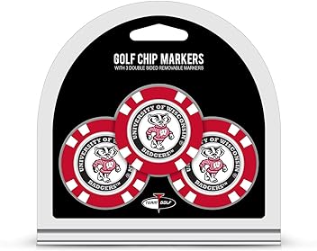 Team Golf NCAA Wisconsin Badgers 3 Pack Golf Chip Ball Markers, Poker Chip Size with Pop Out Smaller Double-Sided Enamel Markers